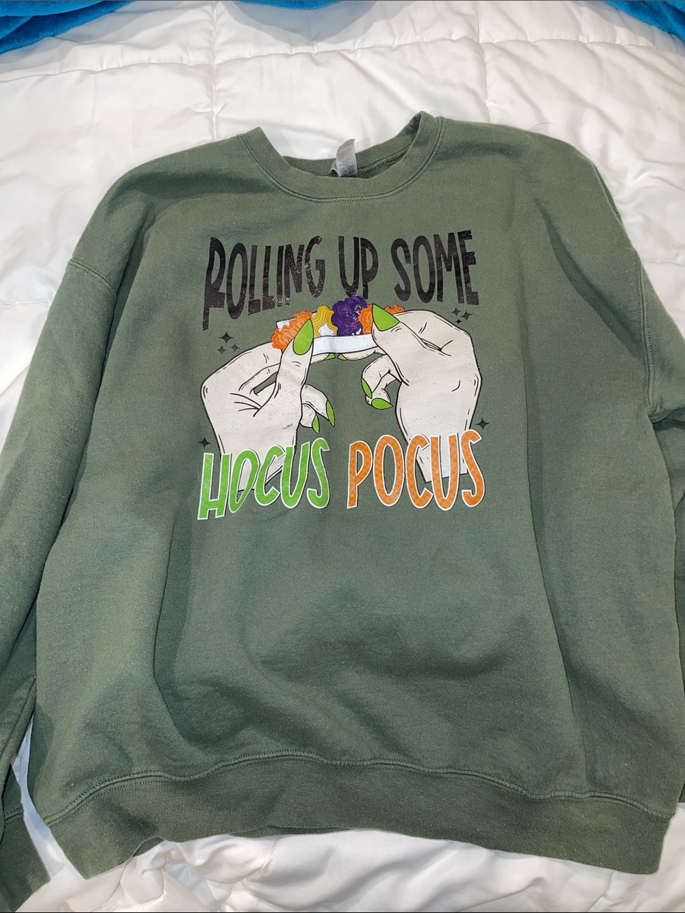 Gildan Olive Green 'Rolling Up Some Hocus Pocus' Graphic Crewneck